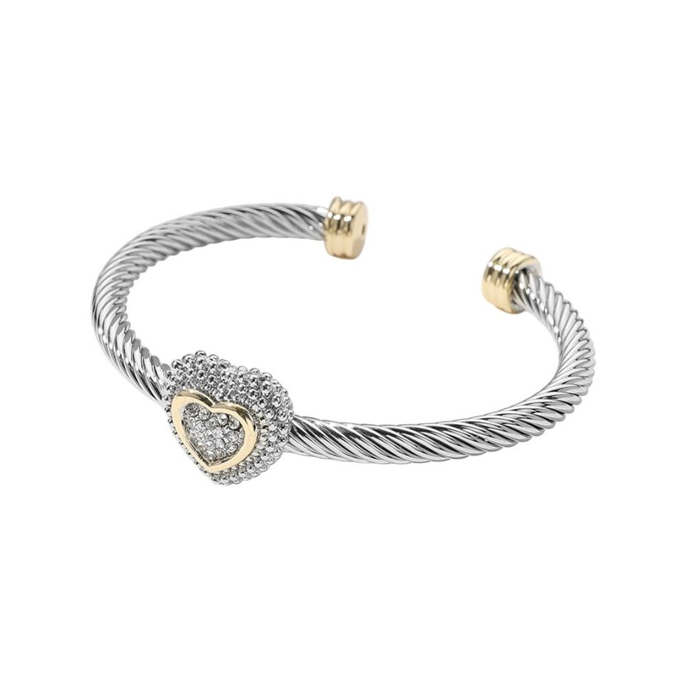 Tigerstars Two Tone Stone Pave Heart Twisted Cuff Bracelet